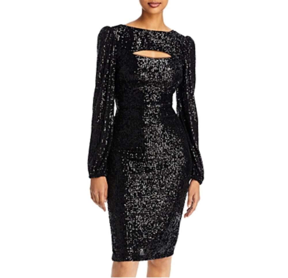 AQUA Black Cocktail Party Dress Sequined Long Sleeve Cut Out Midi Sheath Size 6